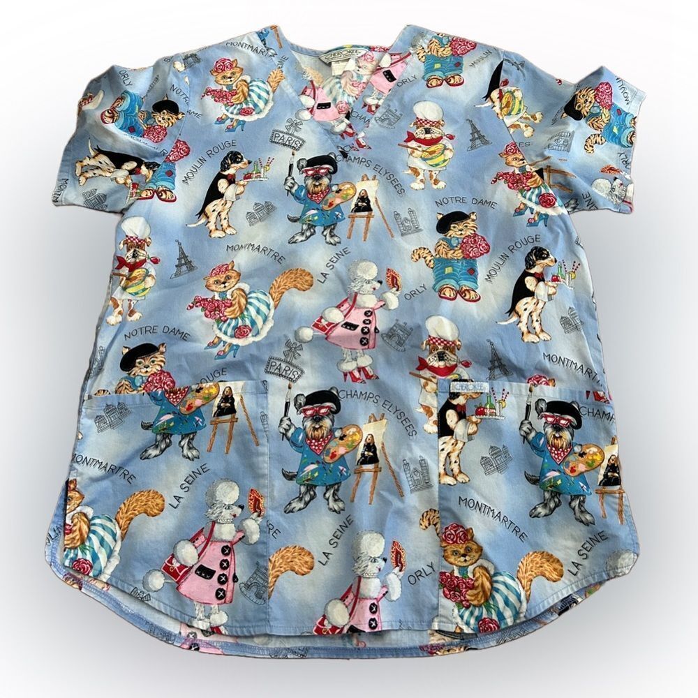 Adorable French Pets Dog and Cat Scrub Top
